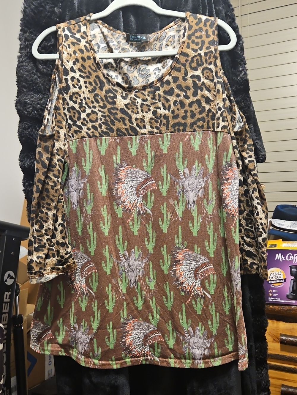 Leopard & Cactus Cold-Shoulder Blouse - Brown/Green